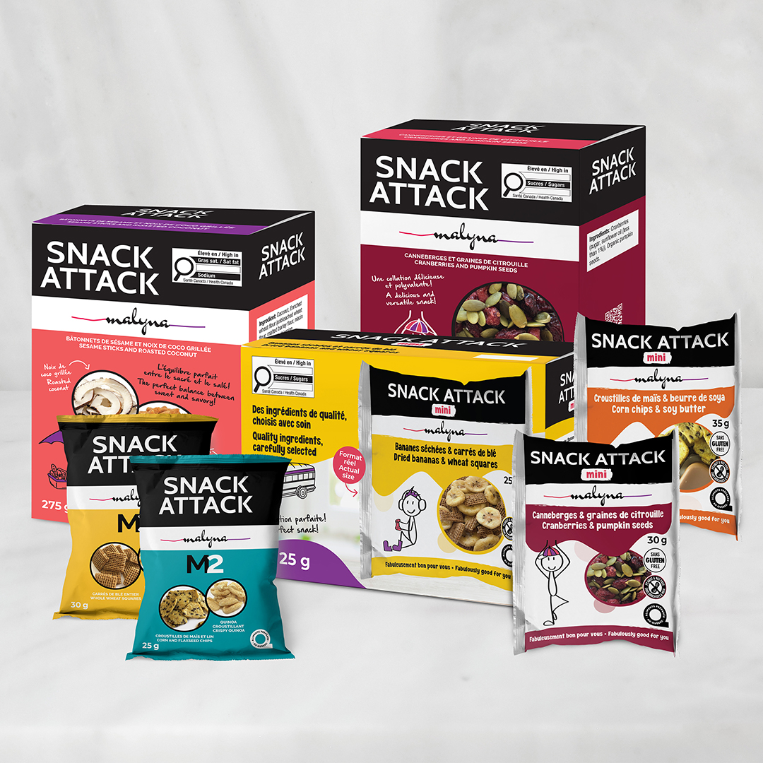 Design d’emballage Snack Attack créé pour Malyna